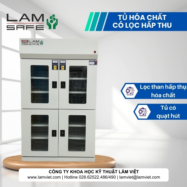 Tủ đựng hóa chất có lọc hấp thu Tủ đựng hóa chất tích hợp lọc hấp thu bằng than hoạt tính để xử lý 1 phần hơi hóa chất thoát ra trong lúc lưu trữ